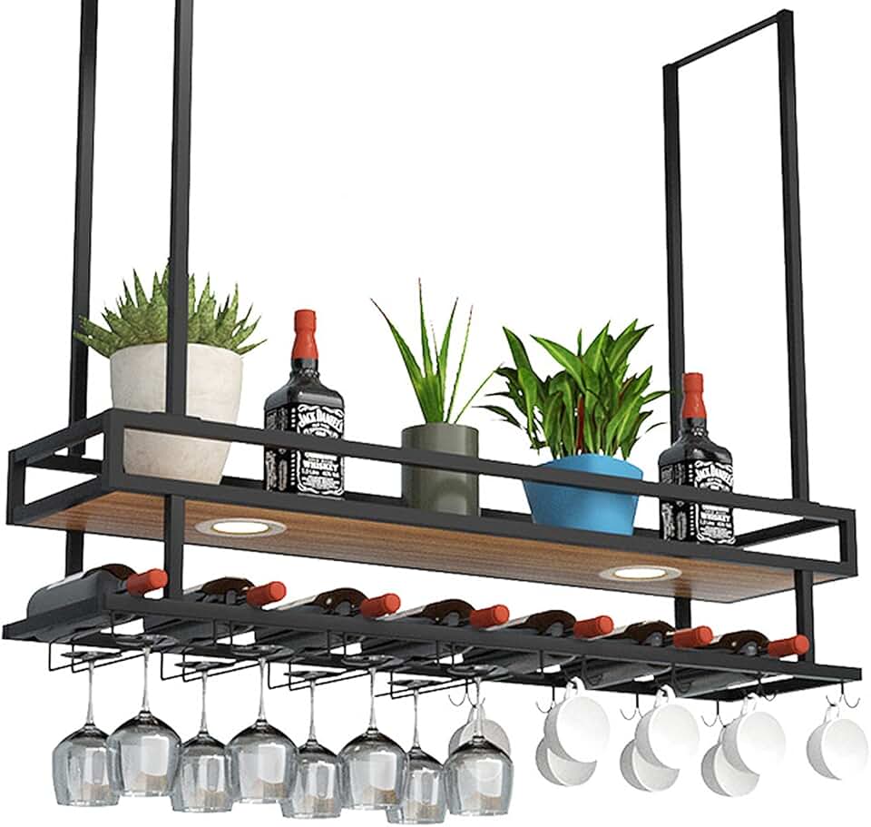Ceiling Wine Glass Rack with Lights, Hanging Wine Rack with Glass Holder and Shelf, Industrial Hanging Wine Bottle Holder, Black Metal Ceiling Storage Shelf for Bar Cafe Kitchen