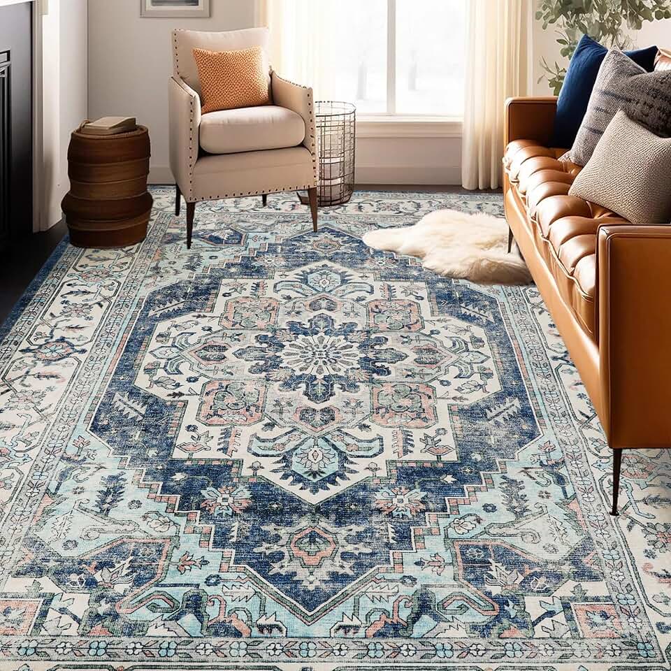 Machine Washable Rug 9x12 Vintage Design Washable Boho Area Rugs for Living Room, Bedroom, Kitchen, Soft Non-Slip Indoor Large Rug, Navy/Beige-Print Design