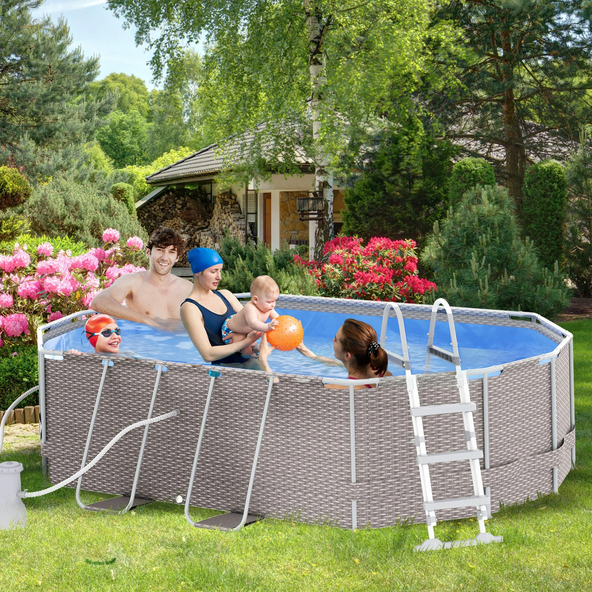 Outsunny Above Ground Swimming Pool, Non-Inflatable Frame Pool, Gray