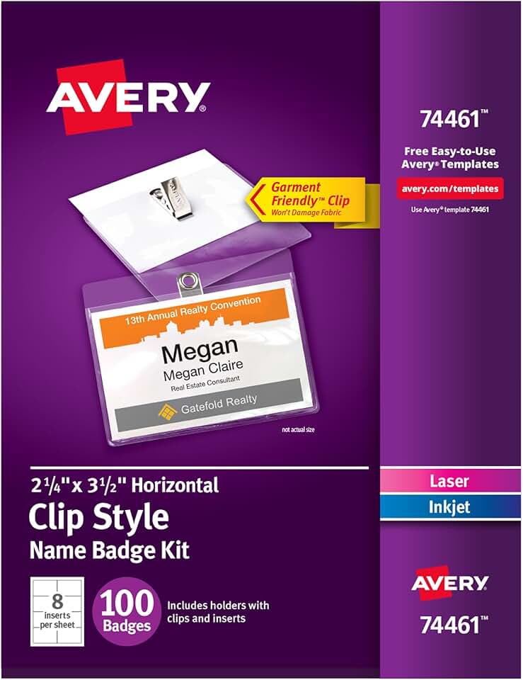 Avery Customizable Name Badges with Clips, 2.25