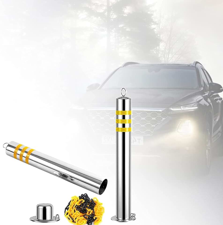 Security Parking Bollard Post 2PCS Bollard Post for Driveway Parking Barrier, Stainless Steel Safety Bollard Post Road Pile with 16.4ft Chain and Expansion Bolts, for Home Garage Street Decor (Size
