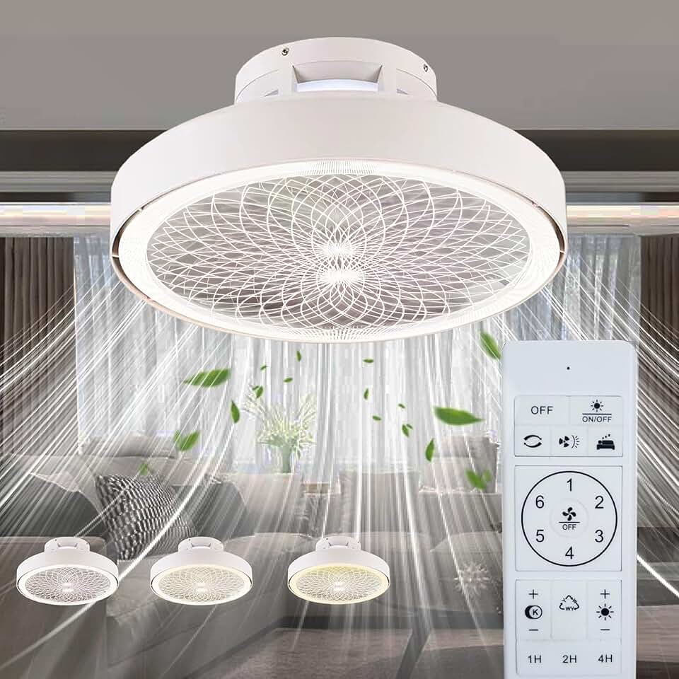 The Latest Bladeless Ceiling Fans with Lights and Remote, 19.7in Flush Mount Ceiling Fans 3000K-6500K Dimmable LED Fan Light, White Bladeless Ceiling Fans with Lights for Bedroom Dining Room