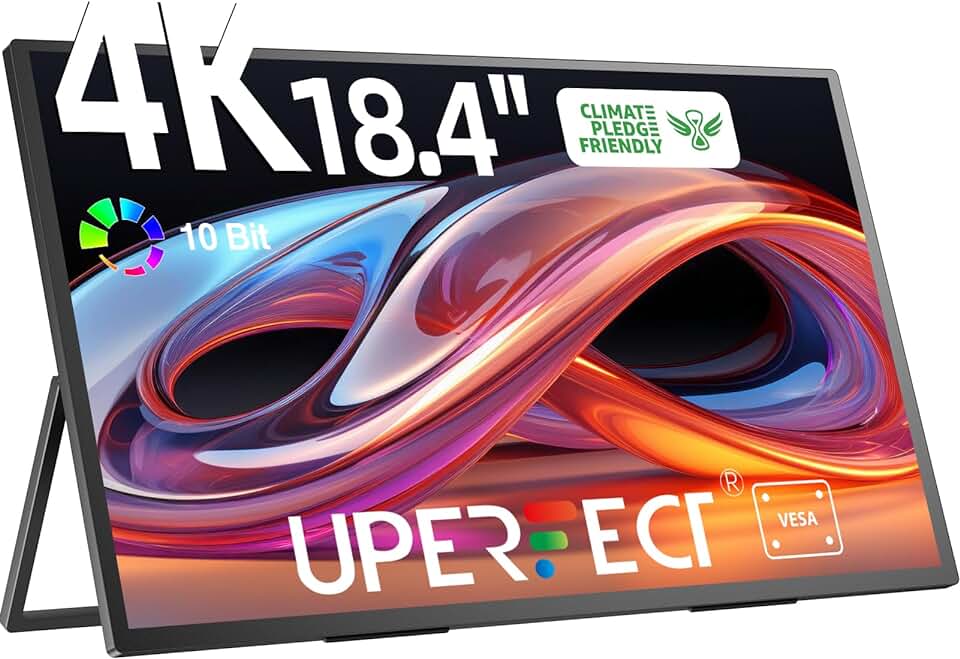 UPERFECT Portable Monitor 4K 18.4 inch 10 Bit w/VESA & 180° Adjustable Stand, Ultra-Slim & Lightweight UHD FreeSync IPS HDR Gaming Display, USB C Travel Second Monitor for Laptop Switch Phone