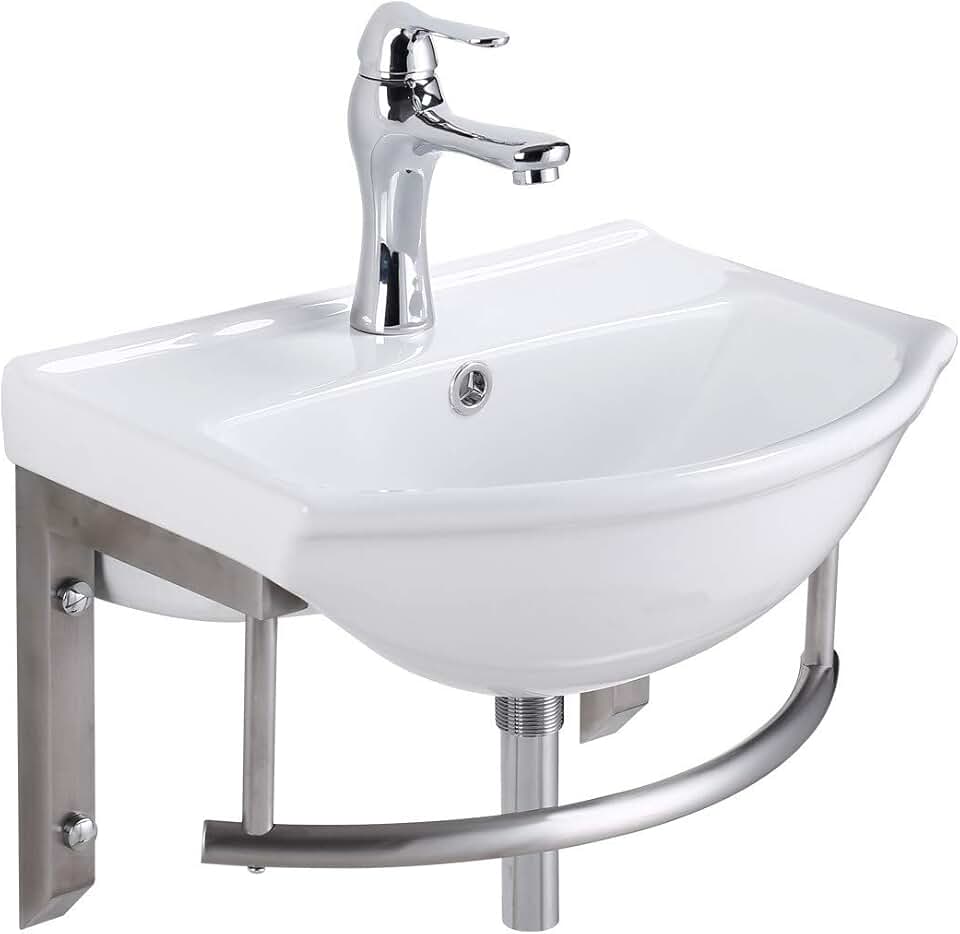 Renovators Supply Ridge Small Wall Mounted Bathroom Sink - Heavy-Duty Sink with Faucet Drain Towel Bar and Overflow - Modern Bathroom Sink for Home Improvement - Porcelain Scratch and Stain Resistant