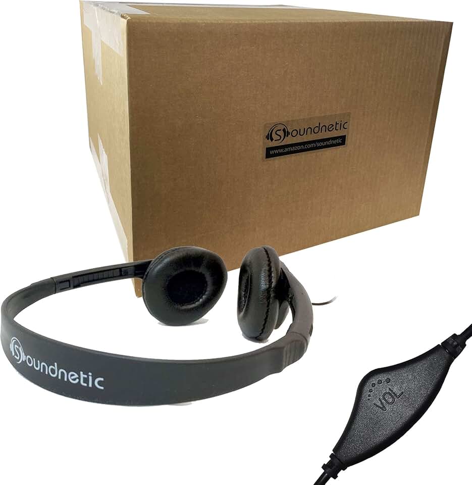 Soundnetic SNCCV Classroom Stereo Headphones with Leatherette Earpads and Volume Control, Black, Count of 100, Pack of 1