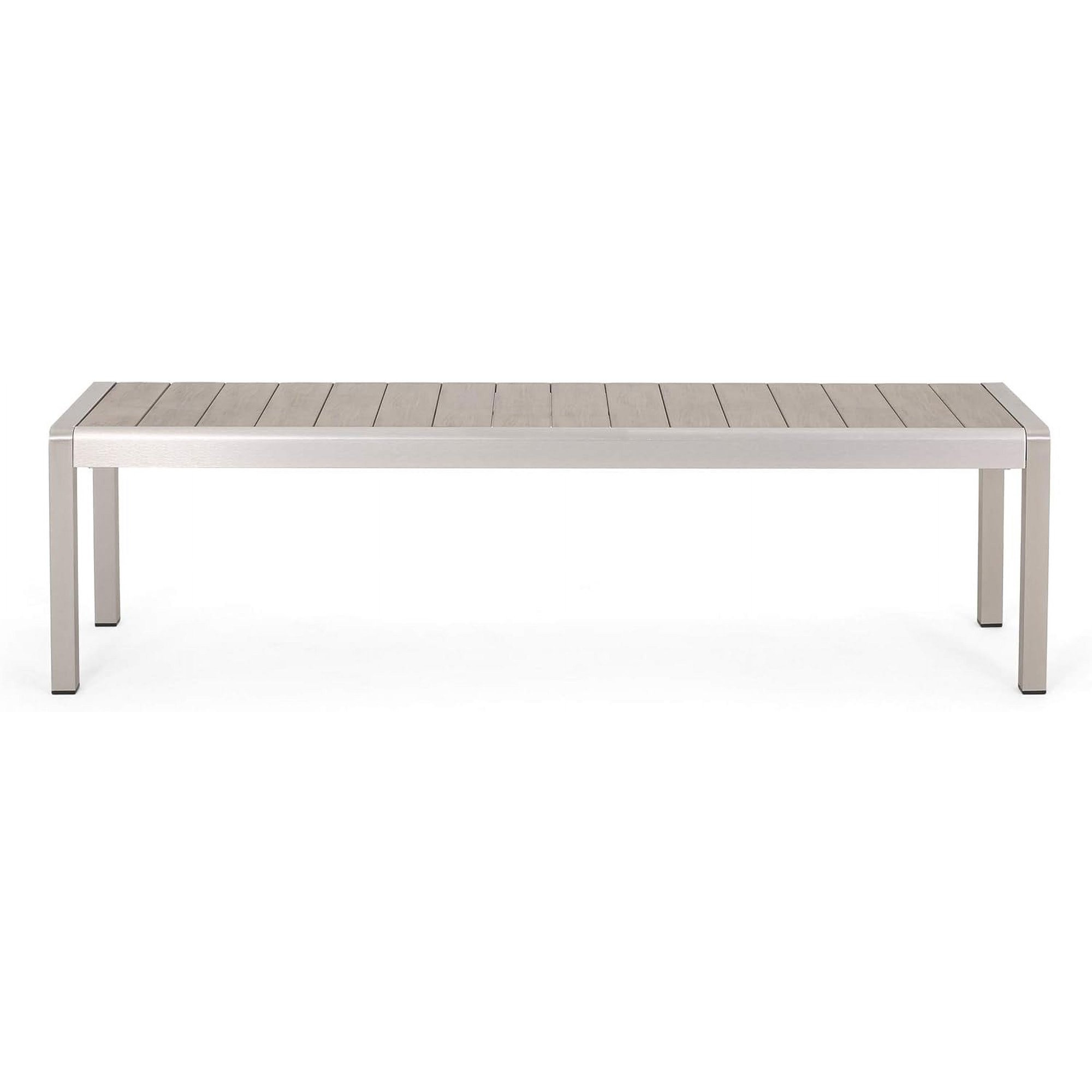 Outdoor Modern Aluminum Dining Bench with Faux Wood Seat, Natural and Silver