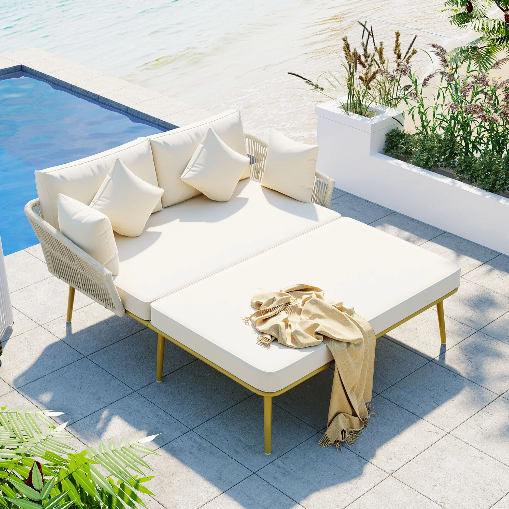 Outdoor 2-Person Patio Daybed with Woven Nylon Rope Backrest, Patio Curved Sofa, Daybed Sunbed with Cushions and Pillows