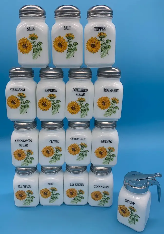 Spice Shakers Jars - 16 Pieces - Milk Glass w/Sunflowers - American Made Glassware