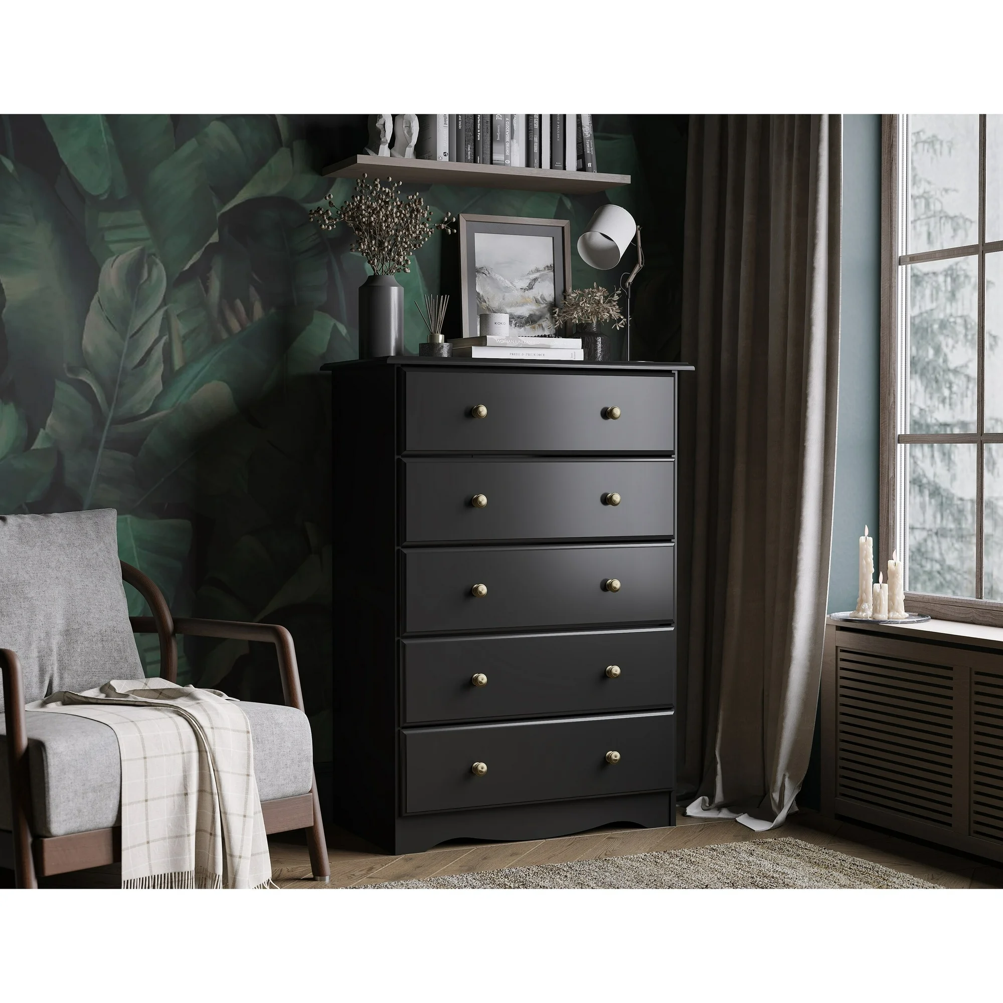 Palace Imports  100% Solid Wood 5-Drawer Chest with Metal or Wooden Knobs Black-BrassKnobs Stained Dark Wood