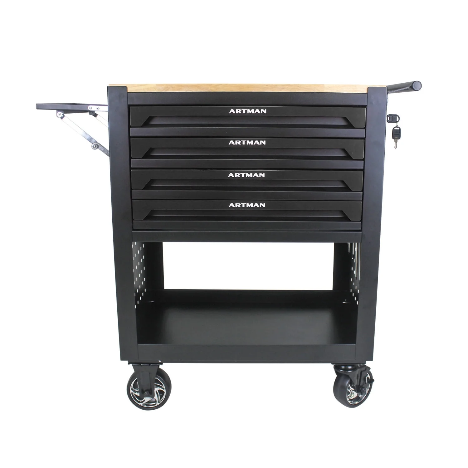 Black 4-Drawer Multifunctional Tool Cart with Wooden Top and Wheels - Ideal for Organized Storage in Garage or Workshop - Heavy-Duty Metal Construction