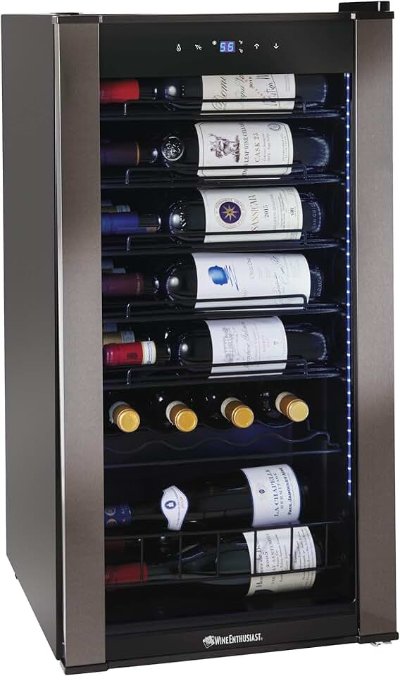 Wine Enthusiast VinoView 28-Bottle Wine Fridge - Freestanding Refrigerator with Matrix Shelves, Adjustable 39-65° F Thermostat, Double Pane Glass Door, & LED Display