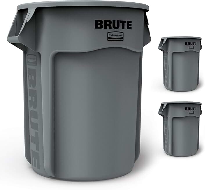 Commercial Products BRUTE Heavy-Duty Trash/Garbage Can, 55-Gallon, Gray, Wastebasket for Home/Garage/Bathroom/Outdoor/Driveway, Pack of 3