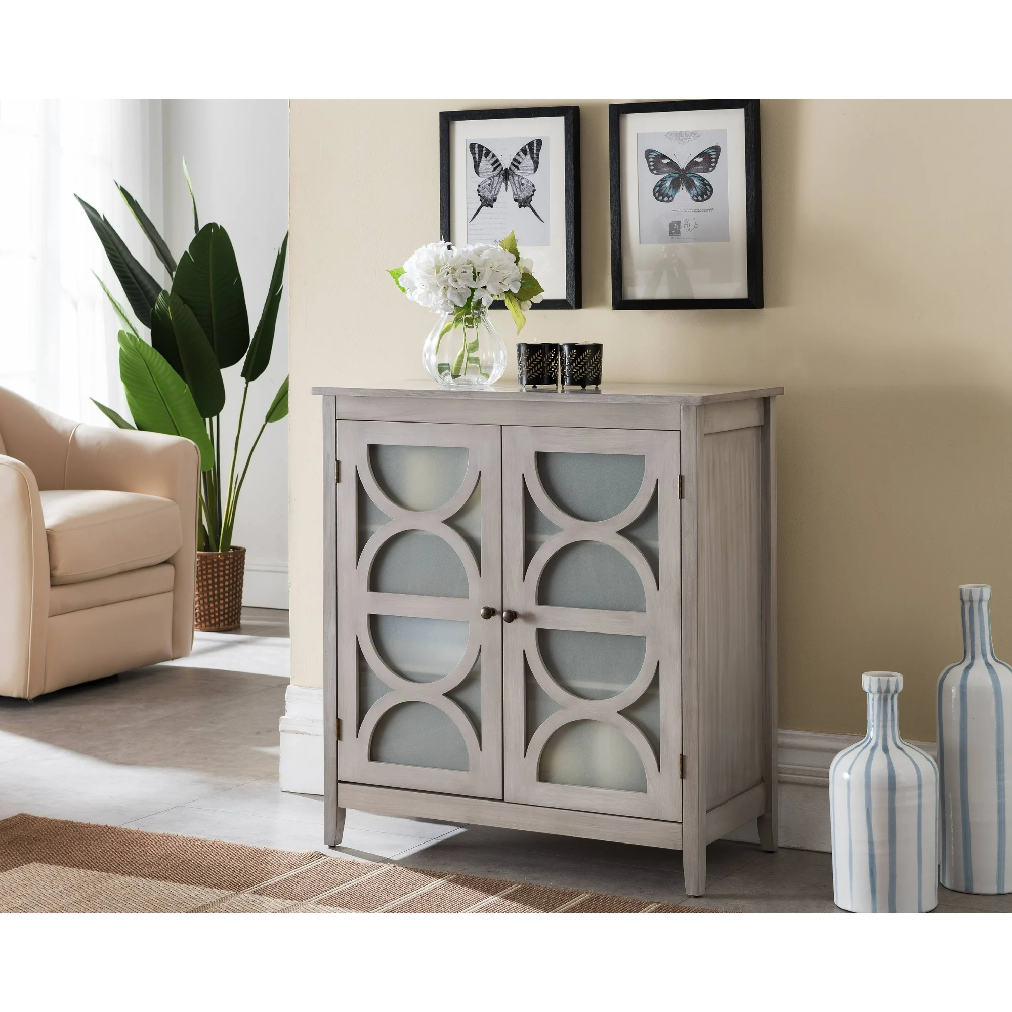 Pasco Wash Gray Wood Contemporary Entryway Console Table with Glass Doors