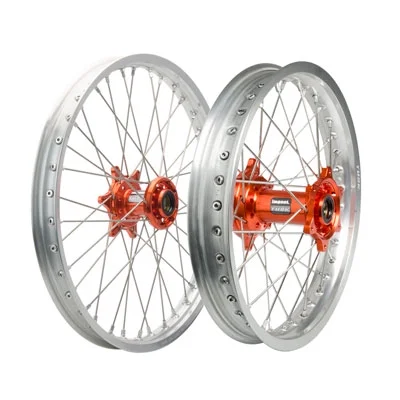 Impact Complete Front/Rear Wheel Kit 1.60 x 21/2.15 x 18 Silver Rim/Silver Spoke/Orange Hub for KTM 144 SX 2007-2008