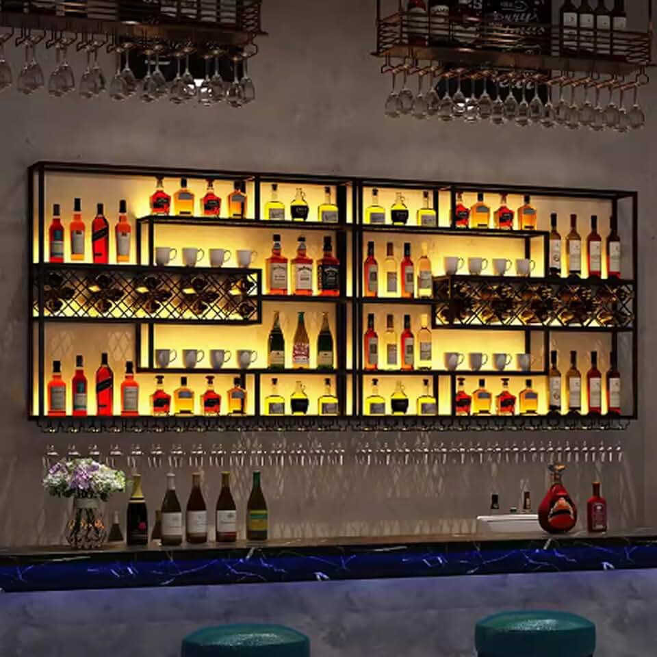 Large Wall Mounted metal wine rack with LED Lights Floating liquor bottle decorations display shelf Metal Hanging Goblet Rack Modern Large Capacity Industrial Iron Wine Shelf For Kitchen Dining Room