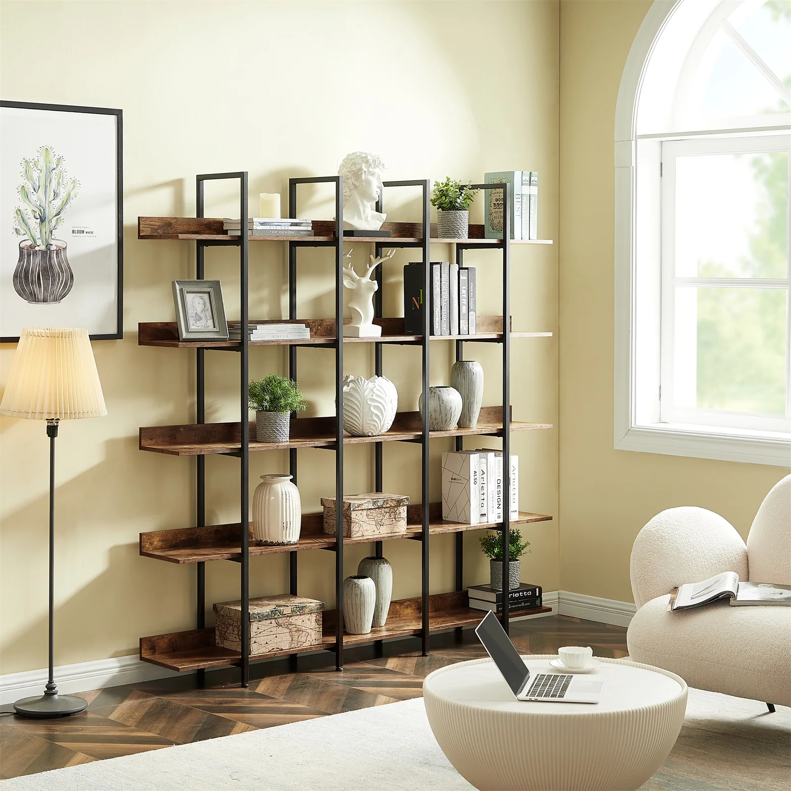 OYang 5-Tier Bookcase with Metal Frame ,Vintage Open Bookshelf Industrial Style Book Case for Home Office Living Room