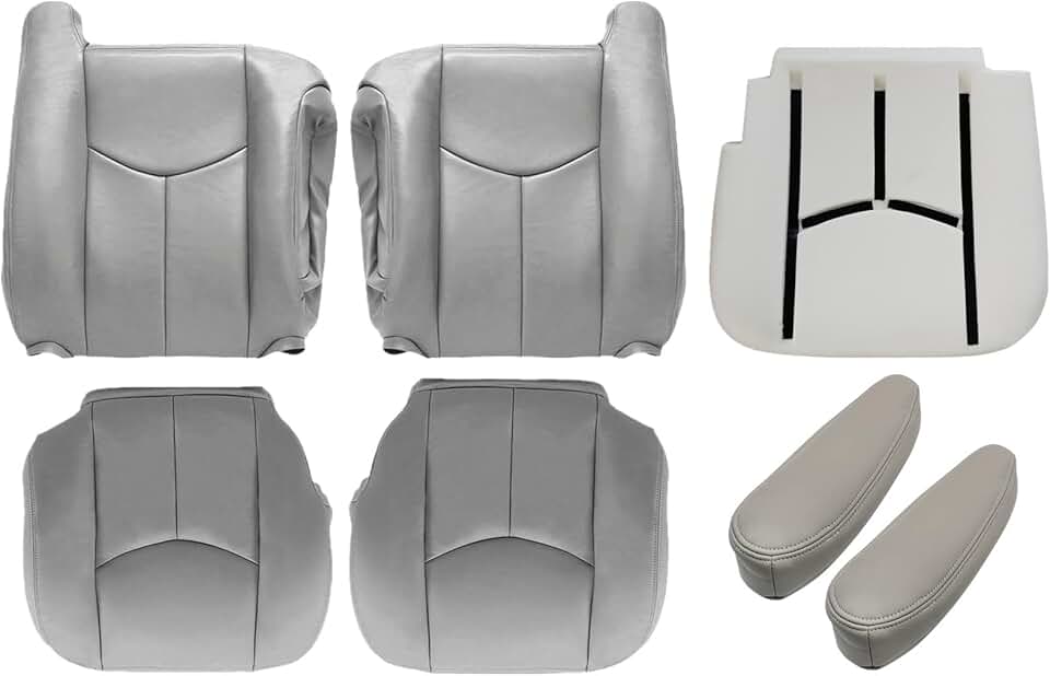 SecosAutoparts Driver Foam Cushion & Driver & Passenger Bottom & Top Lean Back & Armrest Leather Seat Cover fit for Chevy GMC Tahoe Suburban Avalanche Yukon Silverado Sierra 2003 2004 2005 2006