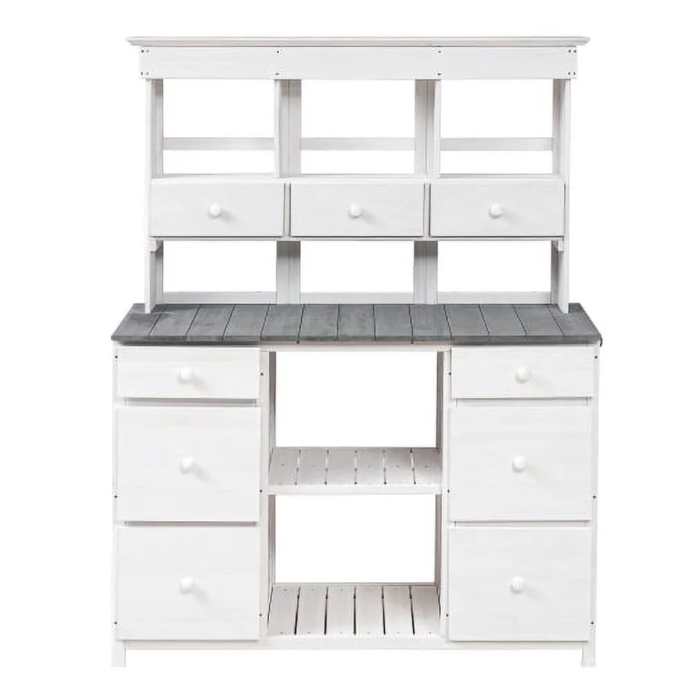 imerelez Garden Potting Bench Table, Rustic and Sleek Design with Multiple Drawers and Shelves for Storage, White and Gray