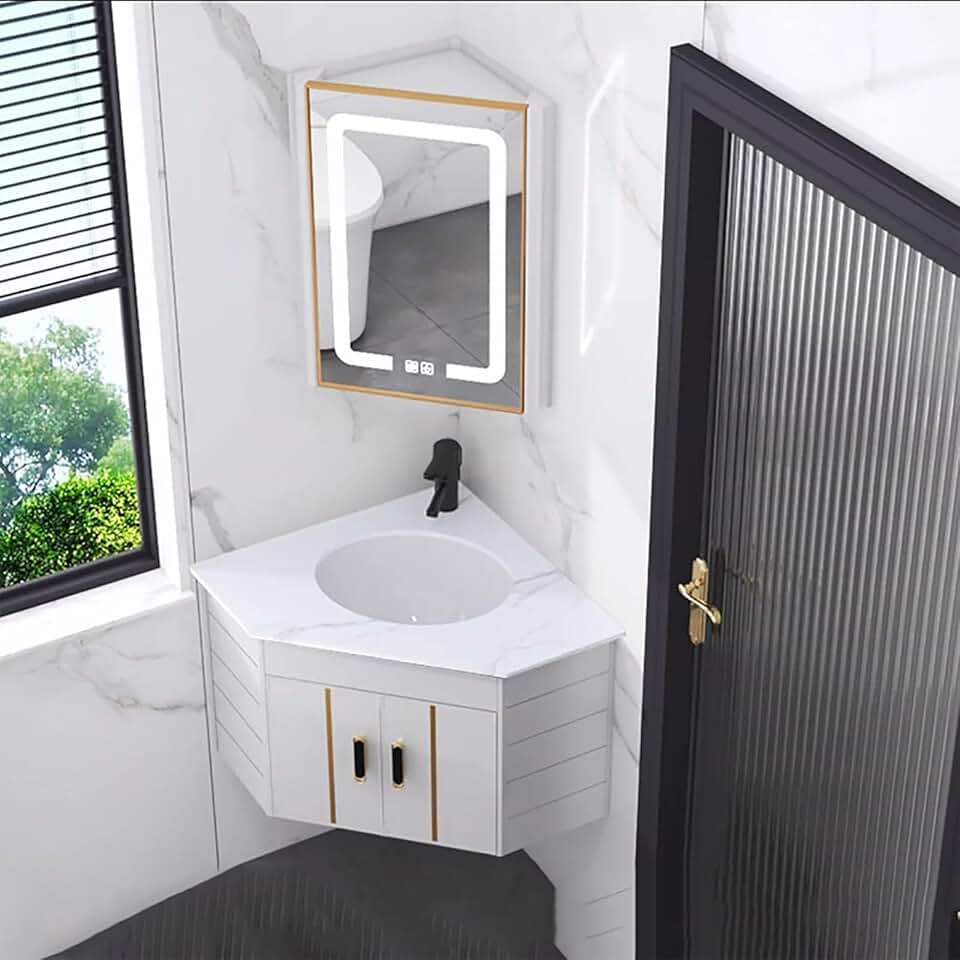 Corner Ceramic Sink Corner Bathroom Vanity Corner Vanity with Sink and Mirror Cabinet LED Mirror w/Anti-Fog Wall Mounted Bathroom Sink Cabinet Modern Bathroom Storage Cabinet for Small Space(White)