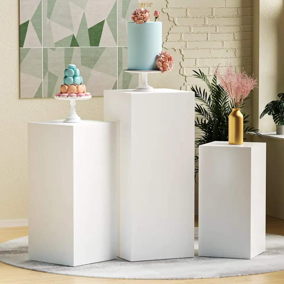 Kelfara 3PCS Metal Display Pedestal Stand for Party White Square Pedestal Stands Pillars for Parties Wedding Square Plinths Birthday Baby Shower Sculpture Display Dessert Stand Event Decoration