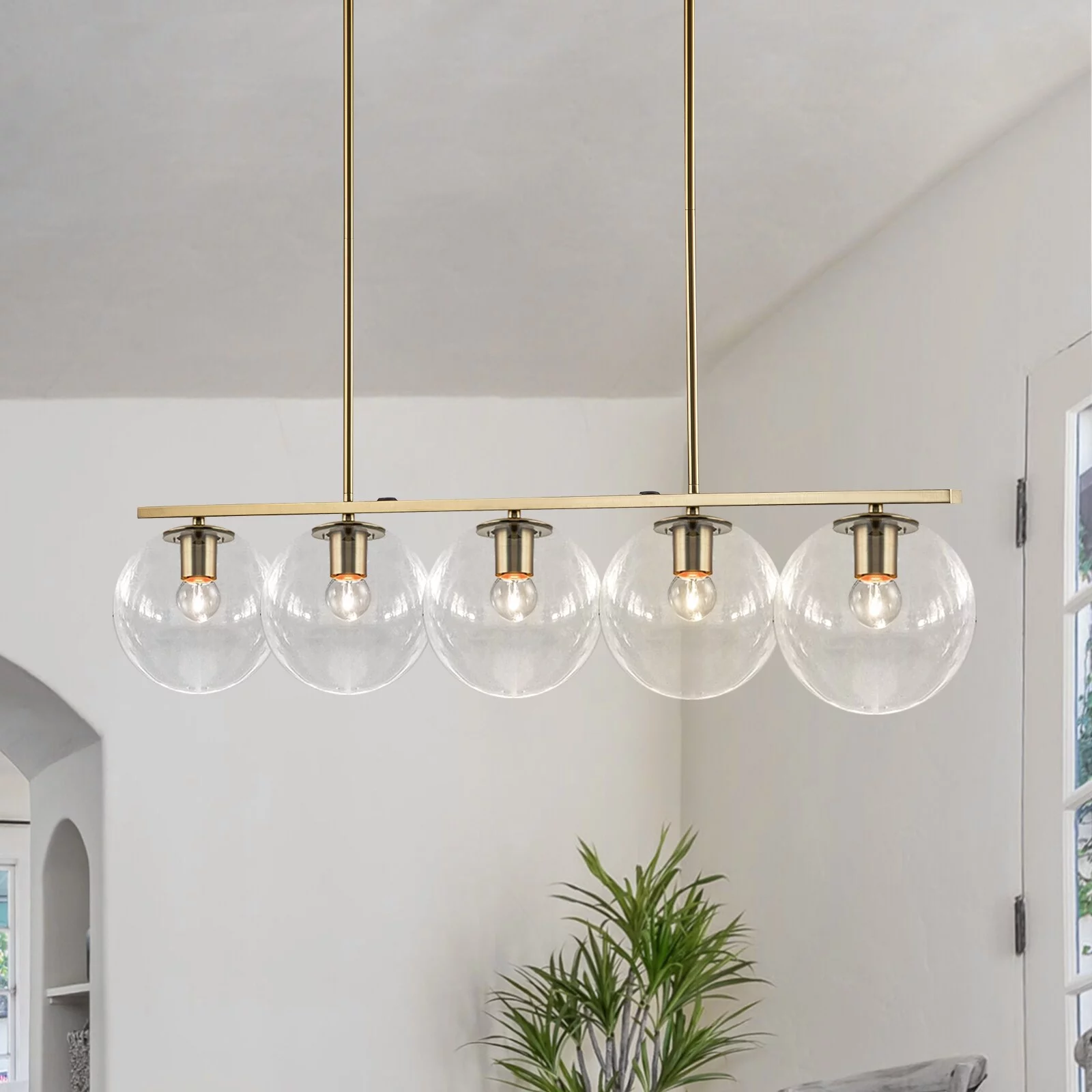 OYIPRO 5 - Light Kitchen Island Linear Globe Glass Pendant Light Clear Glass - Gold