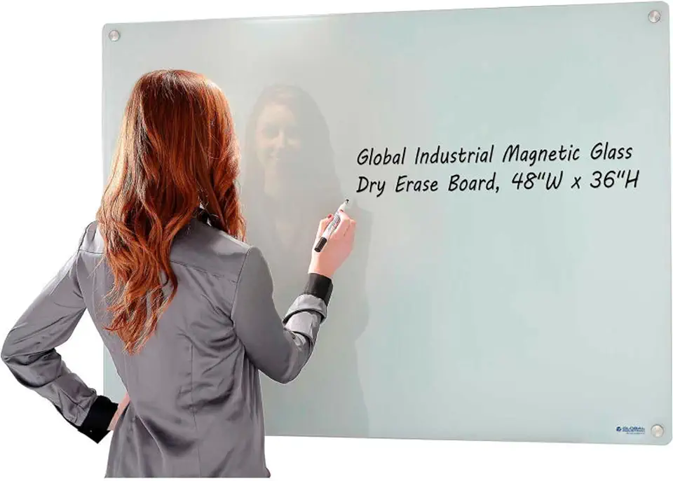Global Industrial 48 x 36 Magnetic Glass Dry Erase Whiteboard with Markers and Eraser, White