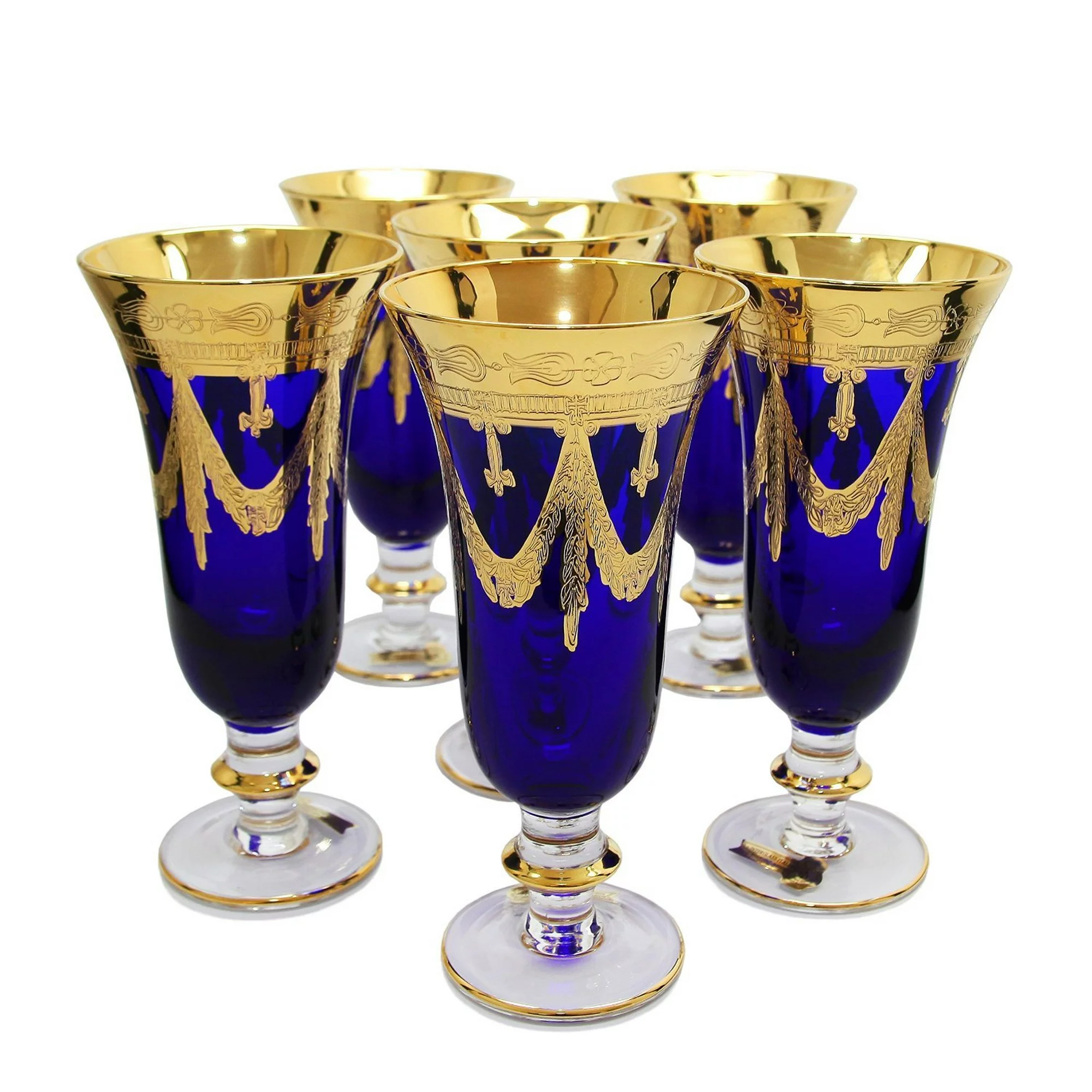 Interglass - Italy, Cobalt Blue Crystal Champagne Flutes, Vintage Design, 24K Gold Hand Decorated, 9 oz, Set of 6