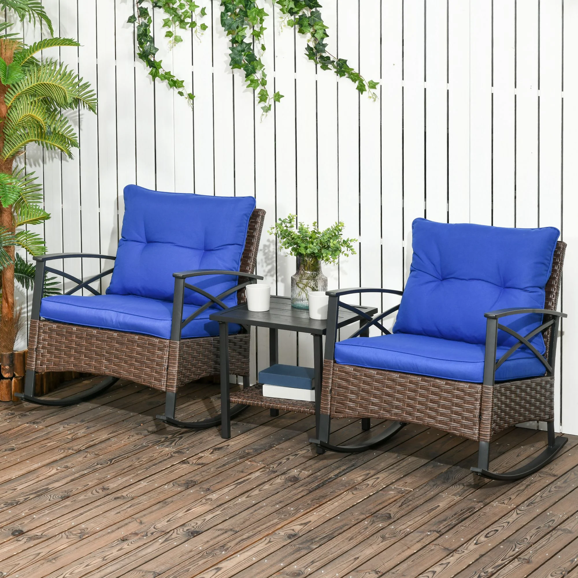 Outsunny 3pc Rocking Chair Set w/ Cushions, Wicker Bistro Set, Blue