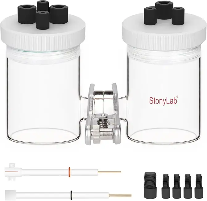 stonylab H-Type Electrolytic Cells, Borosilicate Replaceable Ion-Exchange Membrane Electrolyzer Sealed Electrochemical Cells with PTFE Lids and Electrodes, 200 ml