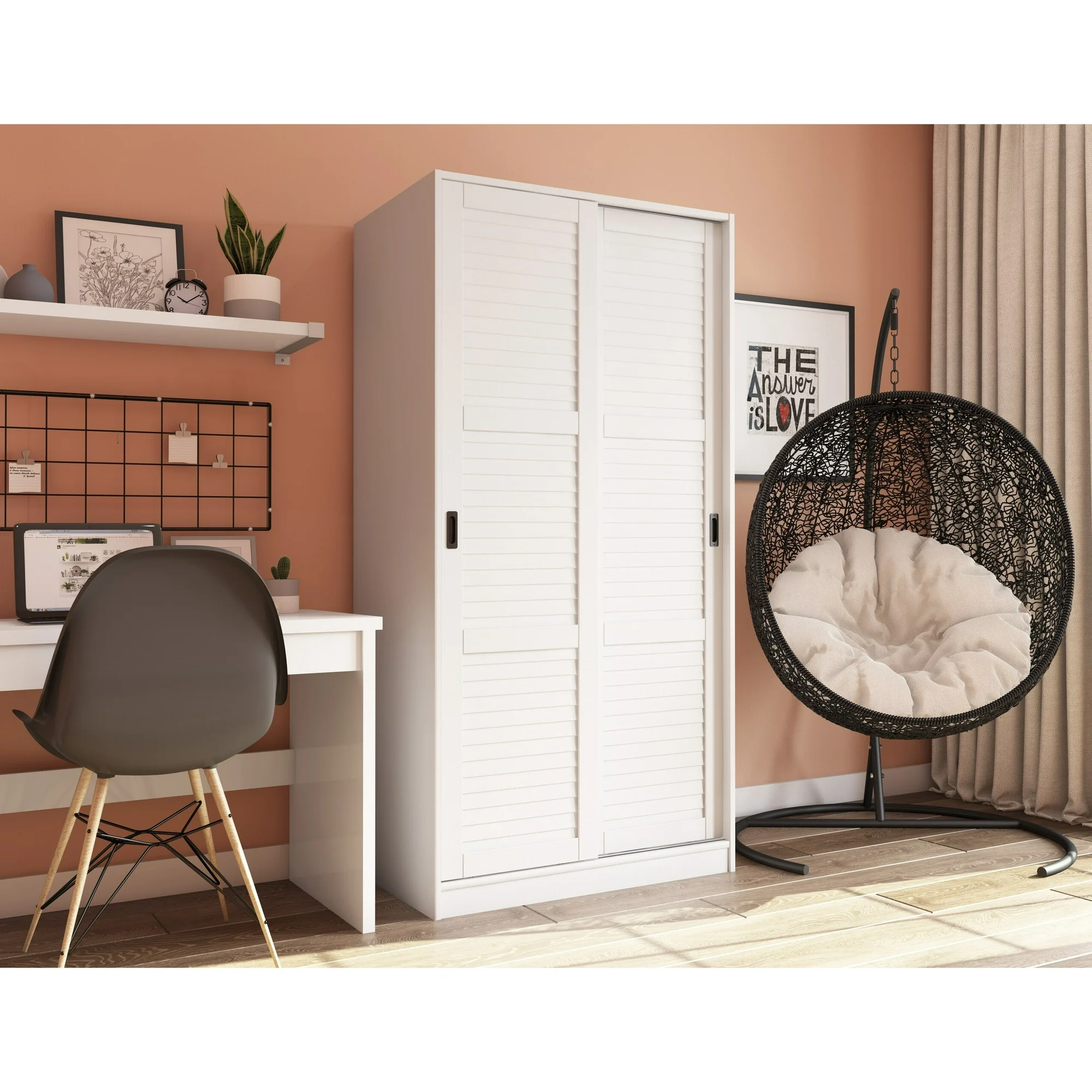 Palace Imports  100% Solid Wood 2-Sliding Door Wardrobe Armoire with Mirrored, Closed Louvered or Raised Panel Doors White