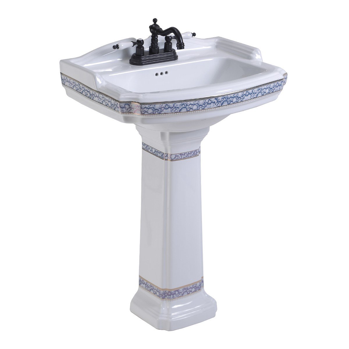 India Reserve Bathroom Pedestal Sink Blue and Gold Accent Porcelain Washbasin w/Overflow & Centerset Faucet Holes| Renovators Supply