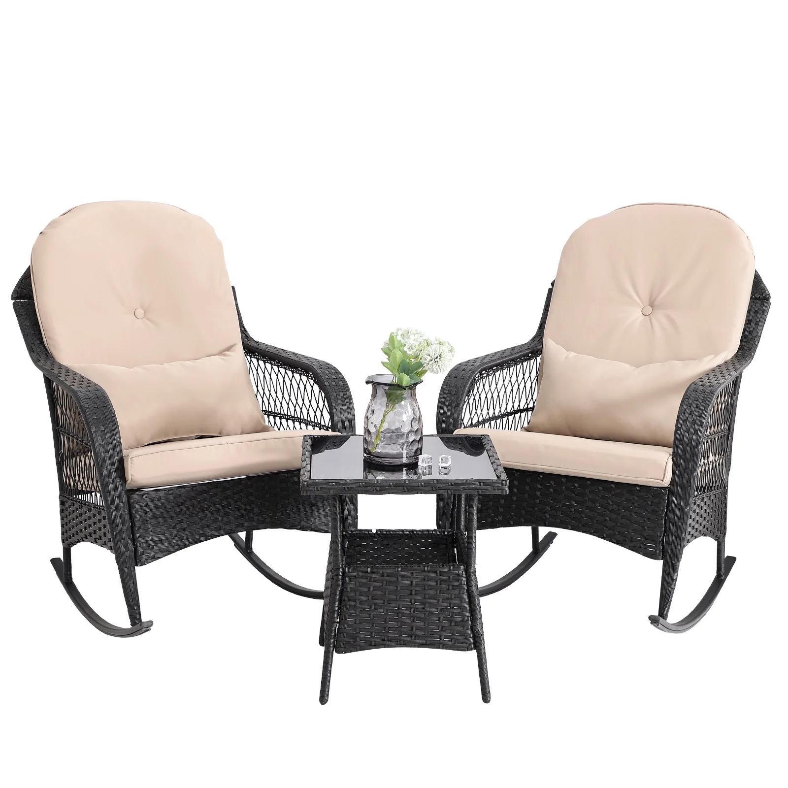 Outdoor Wicker Rocking Chair Set with Cushion and Tempered Glass Side Table, PE Rattan Patio Rocker Chairs Set for Balcony, Lawn and Porch Poolside(Khaki)
