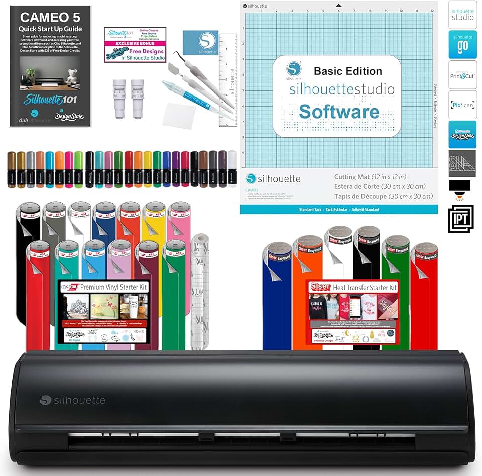 Silhouette Cameo 5 Bundle with Vinyl Starter Kit, Heat Transfer Starter Kit, 24 Pack of Pens, Tool Kit, Cameo 5 Start Up Guide with Extra Designs (Matte Black)