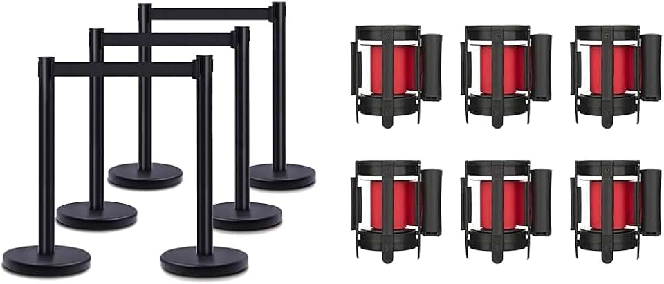 Heavy Duty Crowd Control Stanchion Set of 6 with Replacement 6.5 Feet Red Retractable Belt Barrier - Black Steel Stanchions