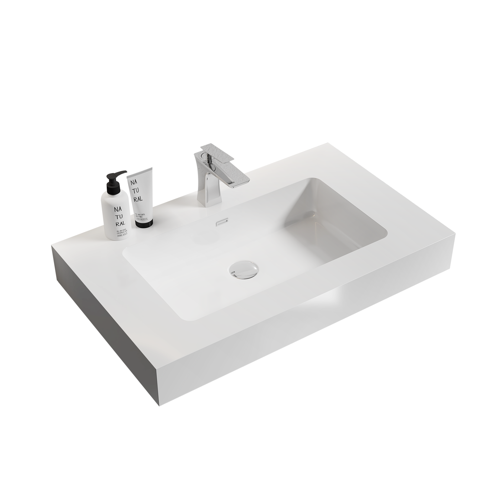 Integrated solid surface basin WITHOUT drain and faucet, glossy white color