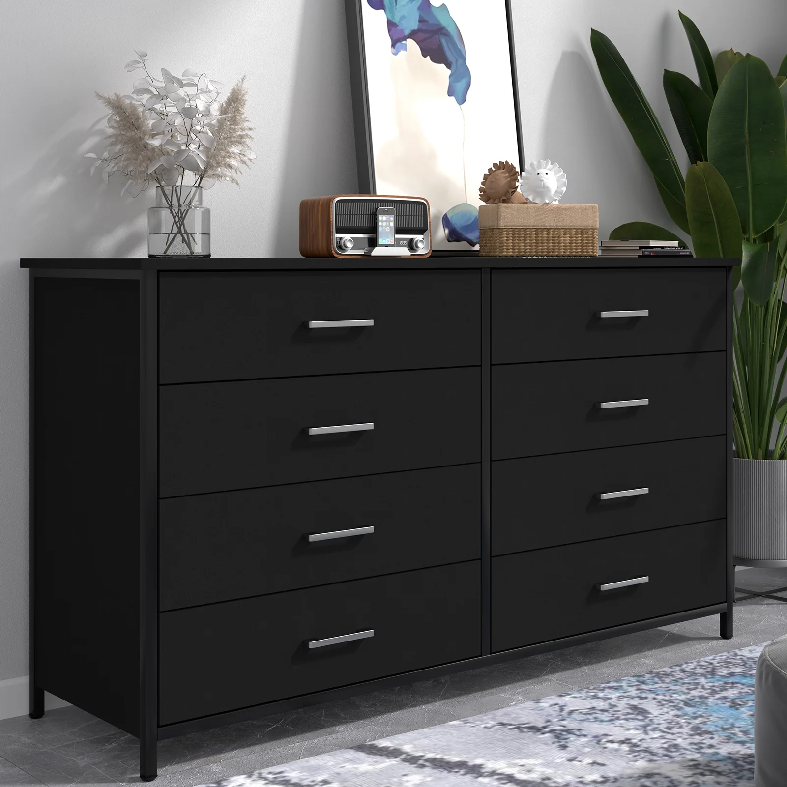 IKENO 8 Drawer Dresser for Bedroom, Industrial Wood Dresser Wide 8 Chest of Drawers, Wooden Storage Organizer Dresser with Sturdy Steel Frame (Black)