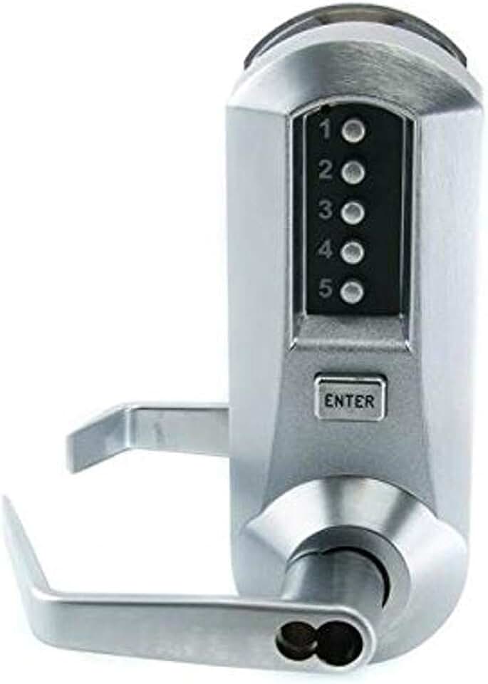 Kaba Simplex 5000 Series Cylindrical Mechanical Pushbutton Lock, 13mm Throw Latch, Floating Face Plate, 70mm Backset, Schlage, Core Not Included, Winston Lever, Satin Chrome Finish