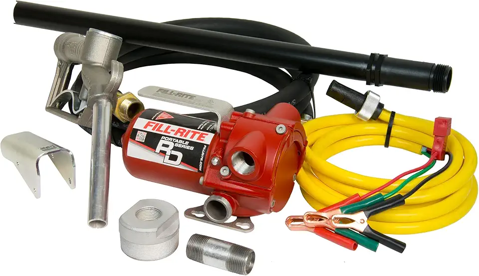 Fill-Rite RD1212NP 12V 12 GPM Portable Fuel Transfer Pump w/Discharge Hose, Manual Nozzle, Power Cable/Clips, & Suction Pipe
