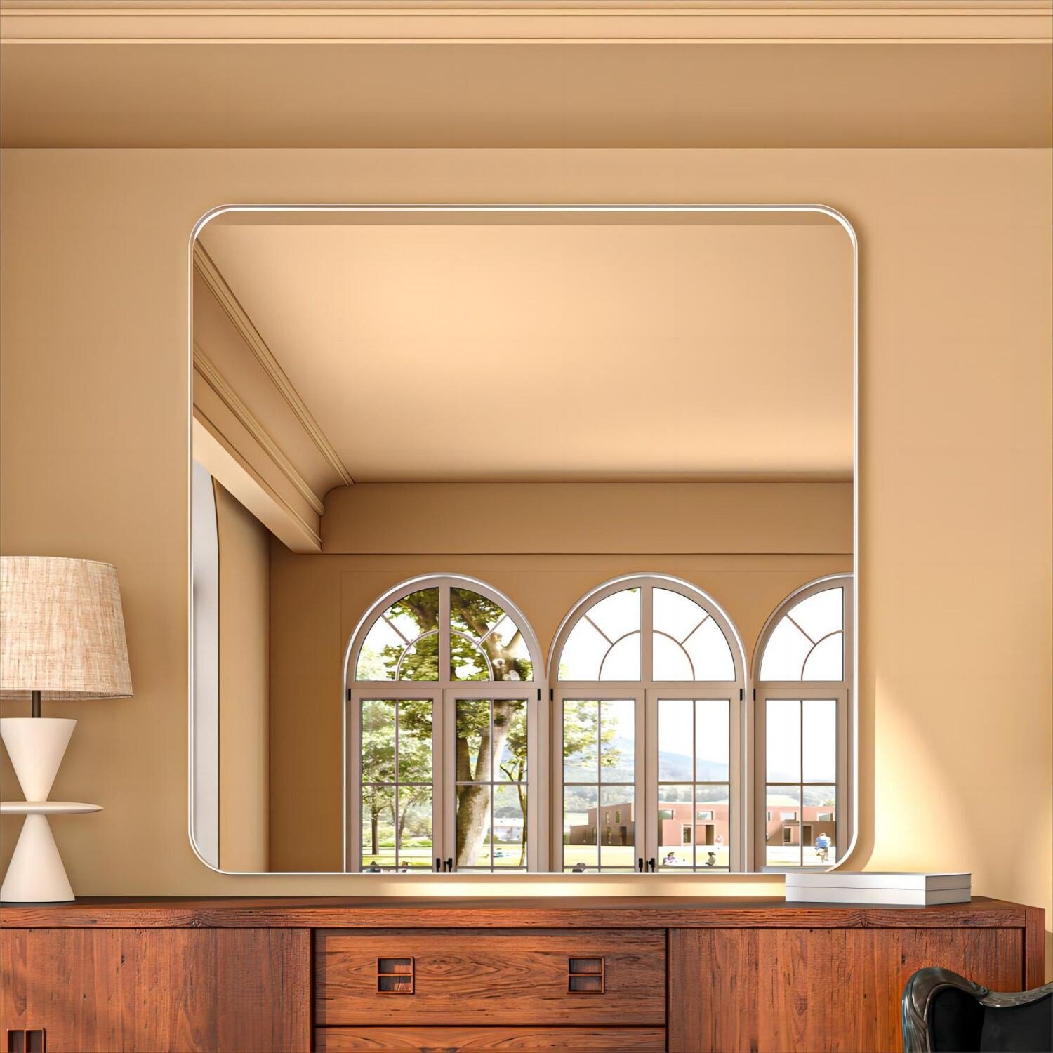 Organnice  Rectangular Aluminum Framed Modern Rounded Wall Mirror 48*36 inch - Silver
