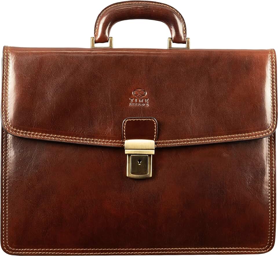 Time Resistance Leather Briefcase - Full Grain Leather Attache - Genuine Leather Laptop Bag - Briefcase for Men and Women