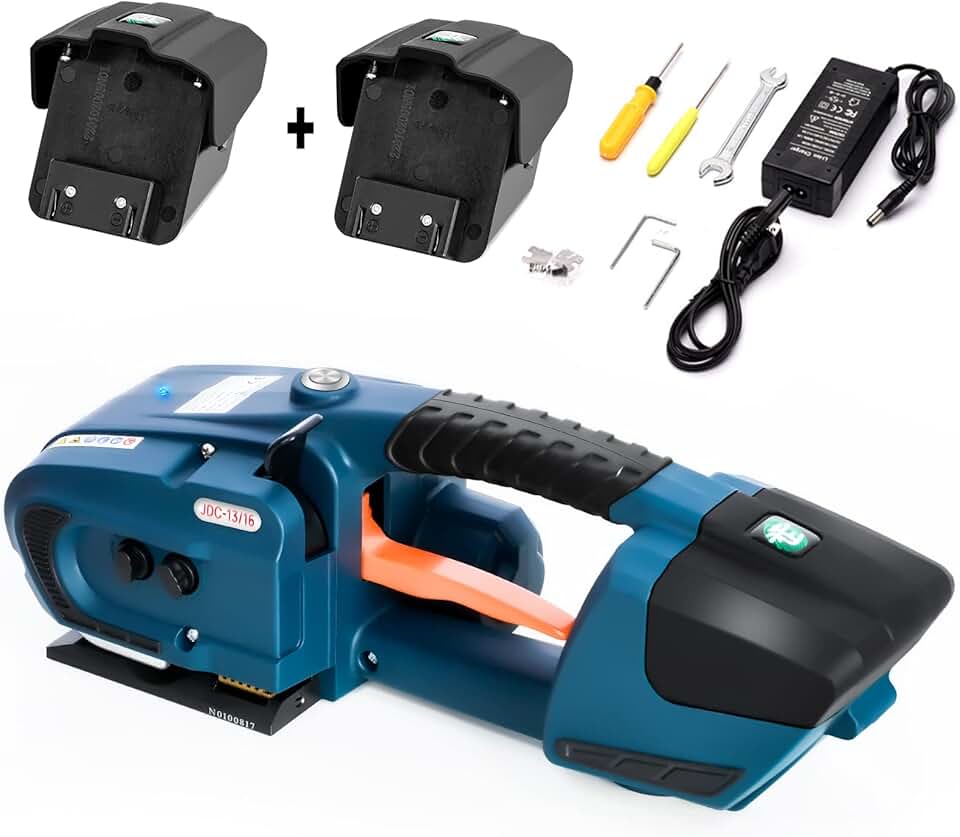 SOKO Electric Strapping Machine with 2 x 4000mha Battery Automatic Strapping Tool for 1/2 in-5/8 in PP/PET Straps Portable Electric Baler Banding Tool for Packaging Box Pallet