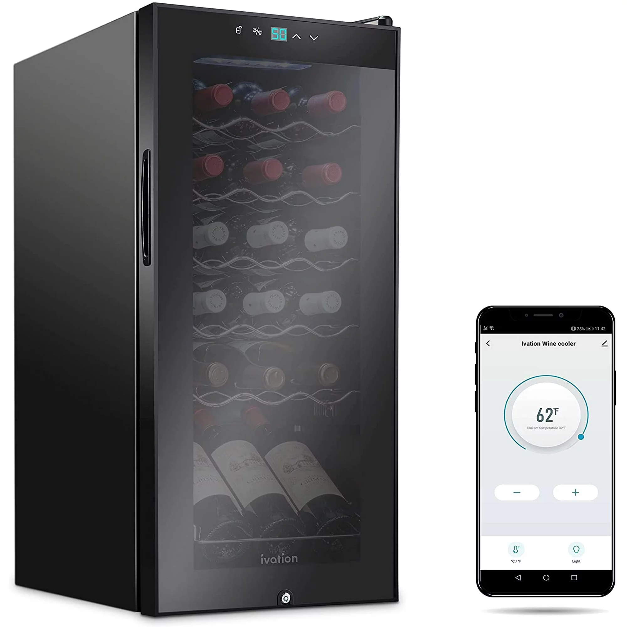 Ivation 18 Bottle Compressor Cooler Refrigerator with Wi-Fi Smart App, Black