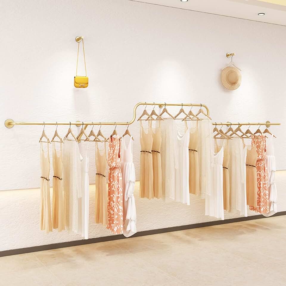 Retail Clothing Display Stand Metal Clothes Rack,Modern Wall-Mounted Garment Rack Industrial Pipe Clothes Rack Gold Clothes Rail,Entrance Porch Organization Pipeline Hanging Rod
