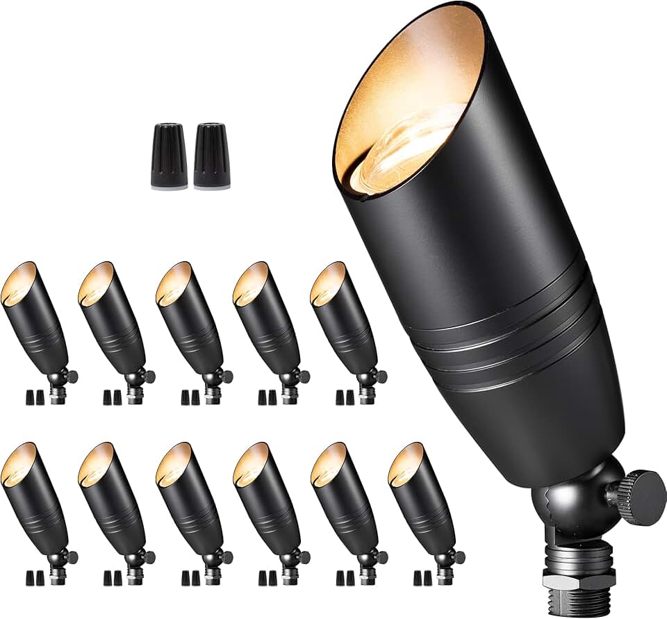 Low Voltage Spotlight Brass Black, 12V AC/DC LED Outdoor Landscape Lighting Wired, IP65 Waterproof UpLight Yard Lights for Garden, Patio, Wall, Tree, Lawn Without MR16 Bulb(12 Pack)