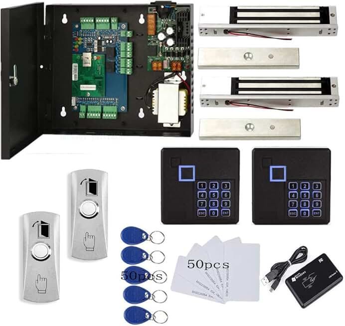 TCP/IP 2 Doors Access Control System Kits Metal Push Release Button Electromagnetic Lock RFID Keypad Reader Power Supply Box Cards/Key fobs (Phone APP remotely Open Door)