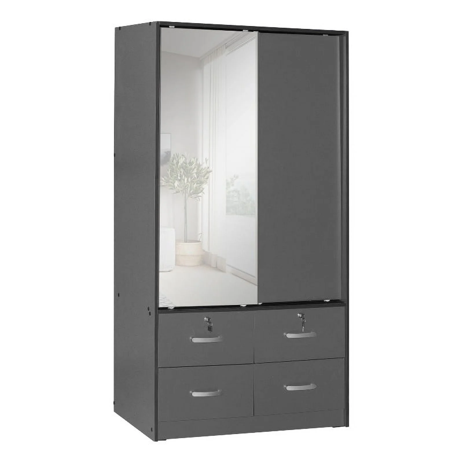 Pemberly Row Double Sliding Door Armoire with Mirror in Dark Gray