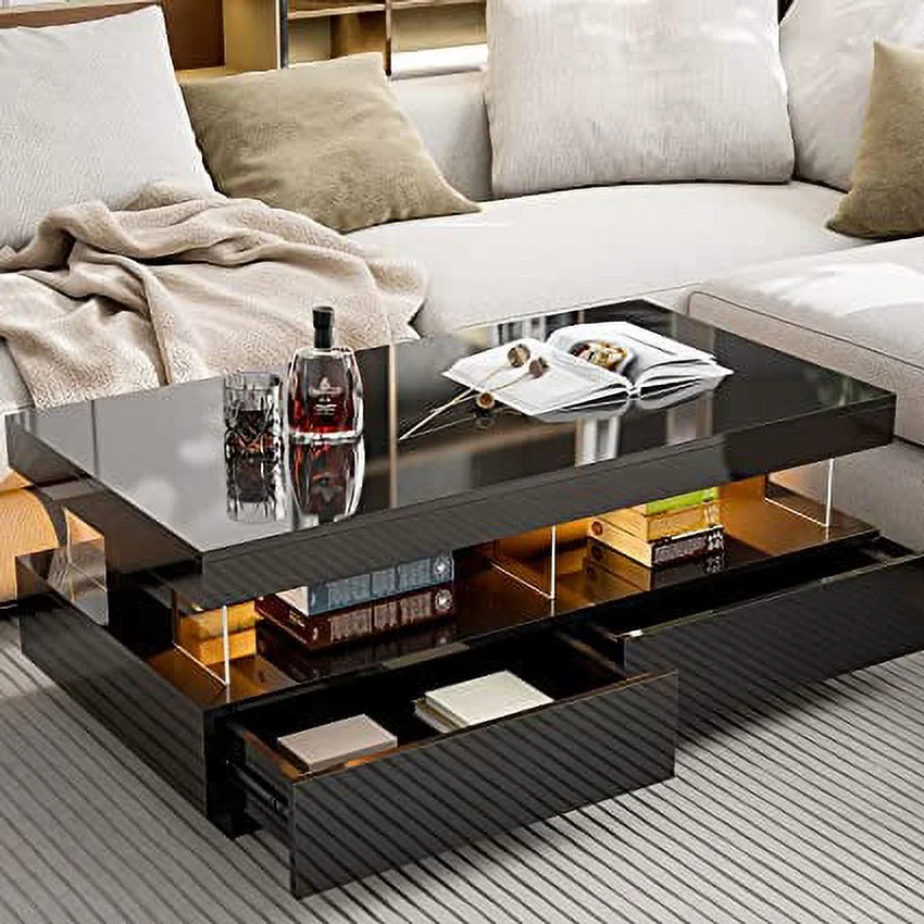 IKIFLY Modern LED Coffee Table, Black High Glossy Coffee Table with Acrylic Design Open Space and 2 Storage Drawers, Rectangle End Table with 16 Colors LED Lights for Living Room Bedroom