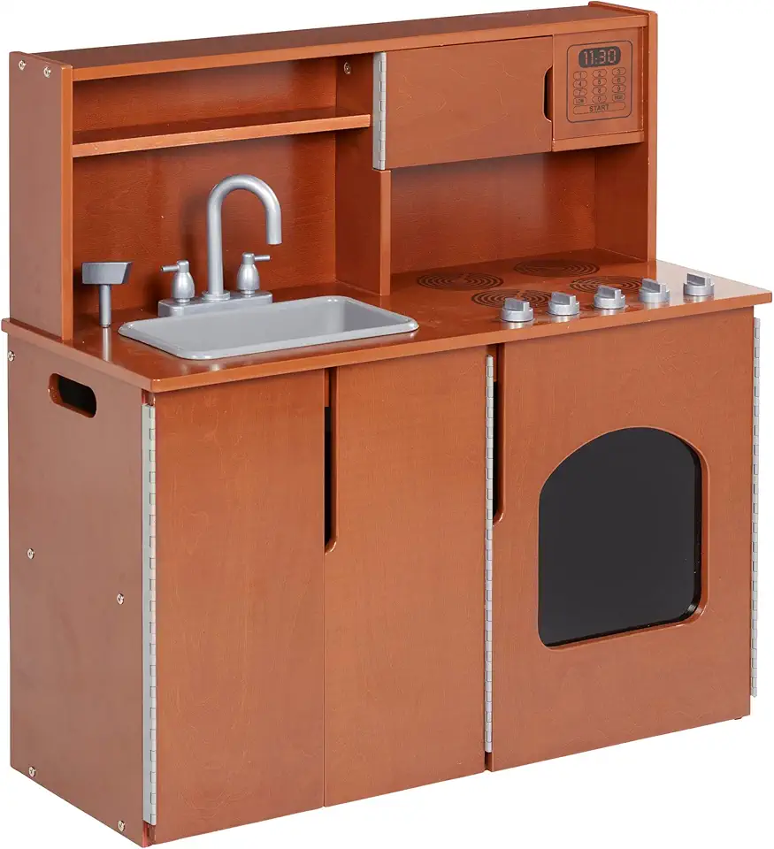 ECR4Kids 4-in-1 Kitchen, Sink, Stove, Oven, Microwave and Storage, Play Kitchen, Dark Walnut