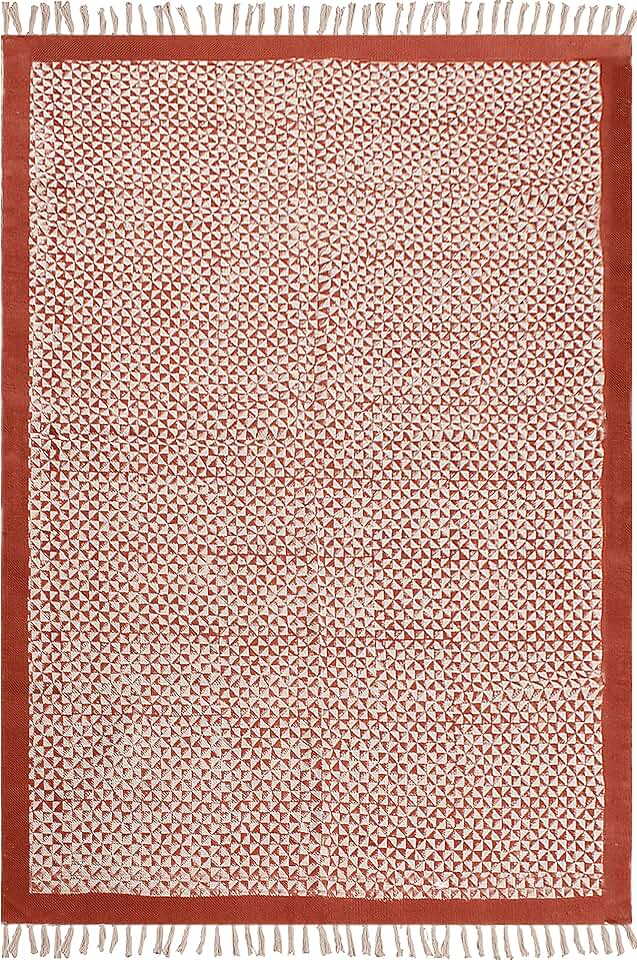 Collection Square - 7x7 Area Rug Red & Beige Pattern Cotton Dhurrie Bordered Kilim Rug Indoor Outdoor Use Carpet Flatweave Rugs for Bedroom Bedside Mat Dining Table Mat & Hall