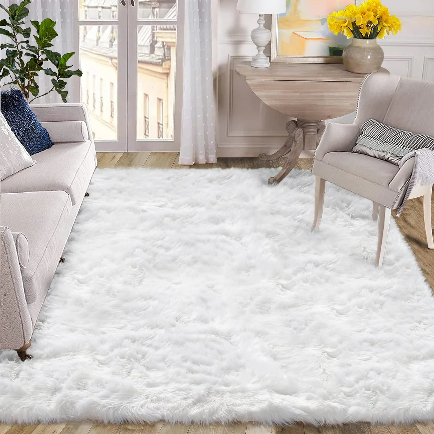 ORINOVA White Shag Rugs for Living Room 9x12 Area Rugs for Bedroom Large Washable Furry Faux Sheepskin Fluffy Fur Rug for Nursery Rectangle Rug